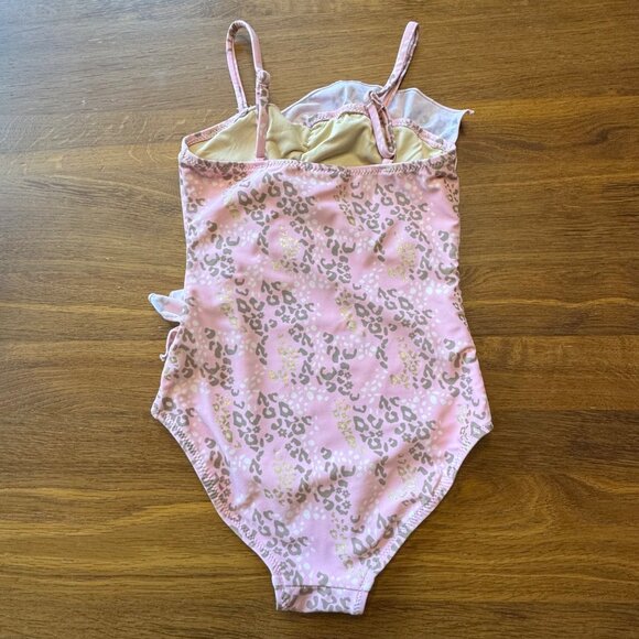 SHADE CRITTERS Leopard Spots Ruffle Swimsuit Girls 7 Pink Asymmetric One Piece - Picture 2 of 5